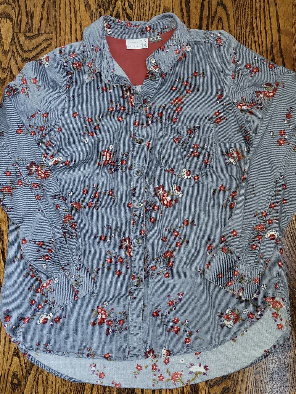 Anthropologie Corduroy Button Up Top Blue With Floral Design - Picture 3 of 8